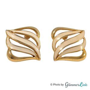 Vintage Monet Cream Enamel Openwork Swirl Wave Gold Tone Pierced Earrings